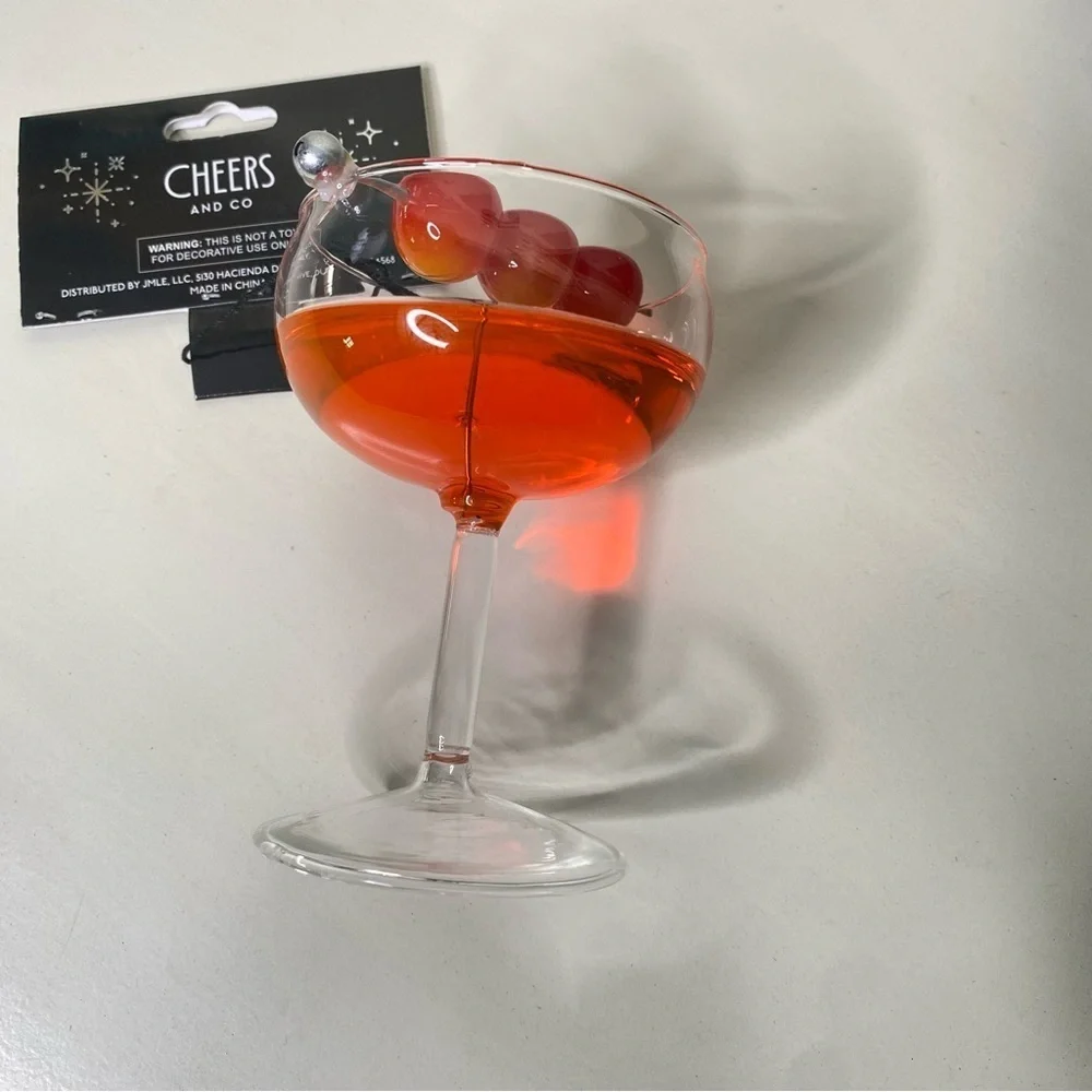 Cocktail Glass Christmas Tree Ornament with red Cherries Nwt